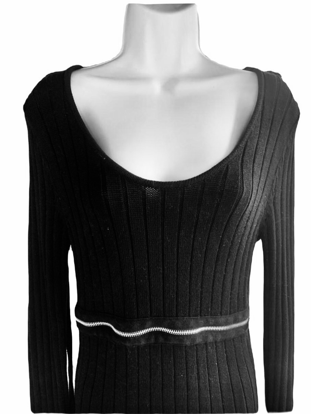 Betsey Johnson Black Ribbed Long-Sleeve Knit Dress with Waist and Sleeve Zips